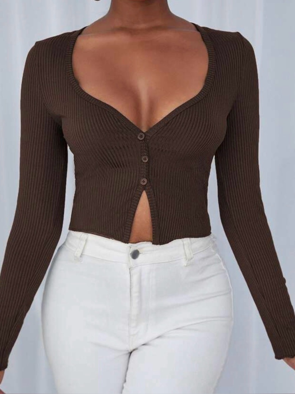 Ribbed Knit Button Front Crop Top